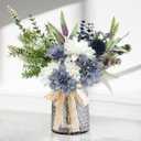 Fake Flowers in Vase, Artificial Flowers Blue Faux Flowers for Vase, Silk Flowers Blue Flowers Table Centerpieces for Dining Room, Kitchen, Office, Farmhouse Decor - Blue White (Grey)