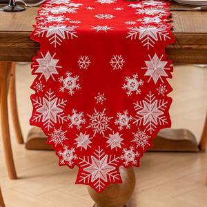 Joyfol Day Christmas Red Table Runner 14 x 33 Inch, Cutwork Embroidered White Snowflake Table Runners, for Xmas Holiday Winter Festival Kitchen Dining Tabletop Decoration