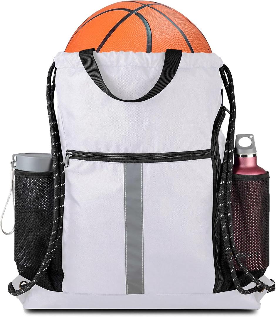 BeeGreen White_Drawstring_Backpack_Bag_Sports_Gym_Backpack with Shoe Compartment and Two Water Bottle Holder for Men Women Large String Athletic Sackpack Workbag White