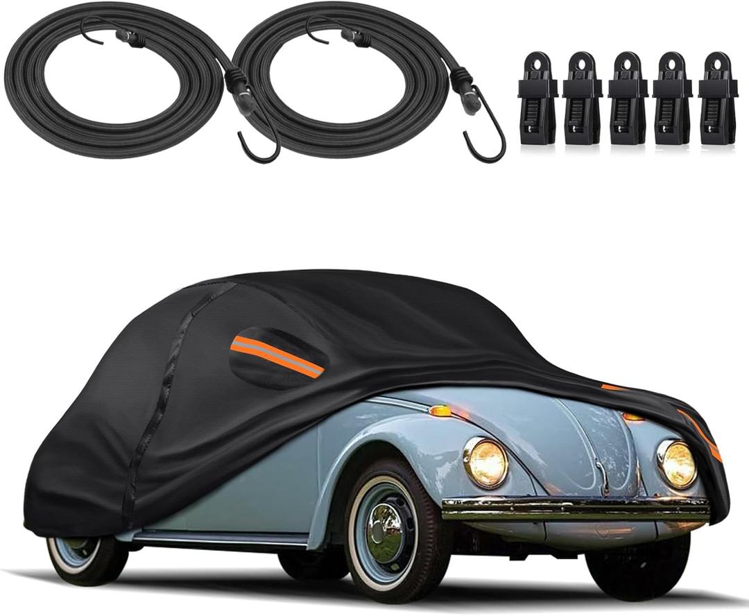 KEYOOG Car Cover Waterproof All Weather Fit for Volk-swagen Beetle Bug 1960-1979, 600D Oxford Cloth Heavy Duty, Sun Hail Protector Seal Skin Outdoor Car Covers with Door Zipper/Cotton Lining, Black