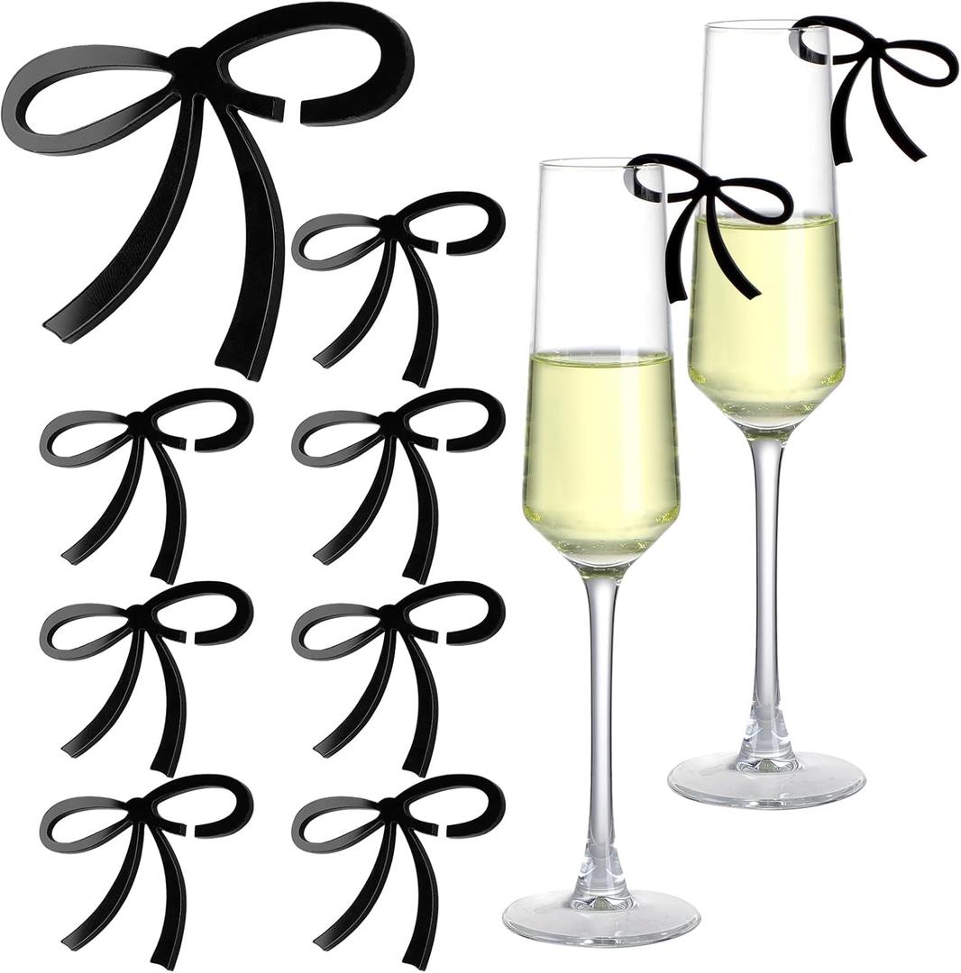 50 Pcs Black Bow Decor Bow Drink Tags Coquette Wine Glass Charms Acrylic Knot Drink Tag for Bachelorette Birthday Wedding Coquette Tasting Party Decorations Accessory
