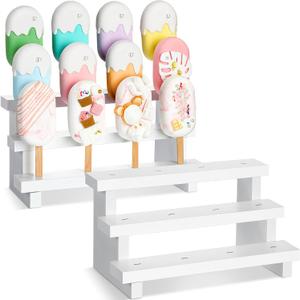 Bokon 2 Pcs Cake Pop Stand Wood Lollipop Holder Display 3 Tier Candy Sticks Holder 12 Holes Wooden White Rectangle Cakesicle Shelf for Wedding Birthday Party Baby Shower 4 mm Lollipop Stick