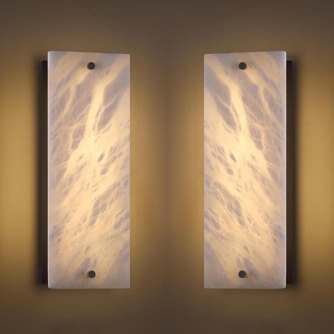 2 Pack 2 Light 15" Alabaster Marble Bathroom Wall Sconce Modern Concise Style Wall Light Fixture,Black Finish for Bedroom Hallway Bedside
