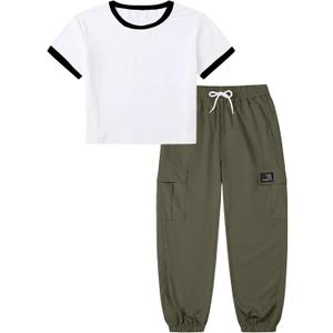 Betusline Girls 2 Piece Summer Outfits,Black Simplicity Cute Short Sleeve Crop Tops + Green Cargo Jogger Pants Clothes,7-8 Years 