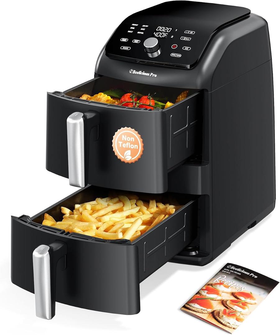 12QT Large Double Air Fryer, Family-Size Dual Airfryer with 2 Baskets, SyncHeat Even Heating, Stacked Compact Design, Smart Finish & Match Cook, PFAS-Free Nonstick, Dishwasher-Safe, Black, Standard