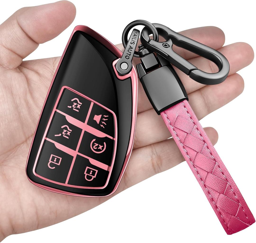 Sindeda for Chevy Key Fob Cover with Keychain Soft Full Protection Key Shell Key Case Compatible with 2021-2025 GMC Yukon Tahoe Suburban 1500 2500HD 3500HD 6-Buttons (Pink)