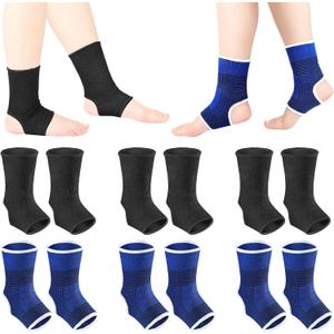 Loopeer 6 Pairs Kid Compression Ankle Brace Knitted Breathable Ankle Support Sleeve Socks Plantar Fasciitis Braces for Girls Boys Kids Sprained Running Fitness, Blue and Black