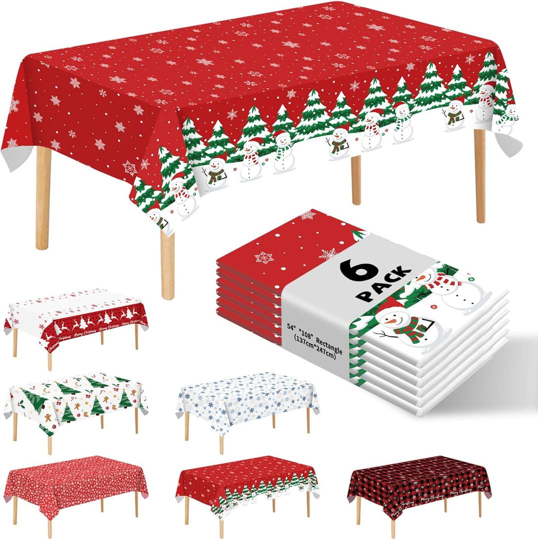6 Pack Disposable Plastic Tablecloth - Christmas Snowman Table Cover for Party Decoration Supplies - 54 x 108 Inches (Christmas Snowman)