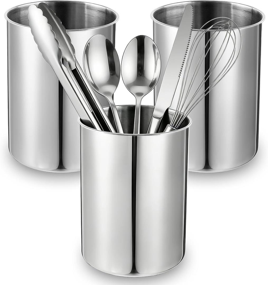 3 Pcs Cooking Utensil Holder for Kitchen Counter, 5.6 x 7.5 inch Metal Utensil Crock Stainless Steel Utensils Holder Container Canister Spatula Spoon Caddy Organizer (Silver)