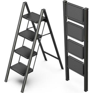 WOA WOA 4 Step Ladder, Folding Step Stool with Non-Slip Pedals, Portable Stepping Stool Household, Sturdy Steel Ladder, Space Saving for Kitchen, Anti Skid Feet, Support 330lbs - Black
