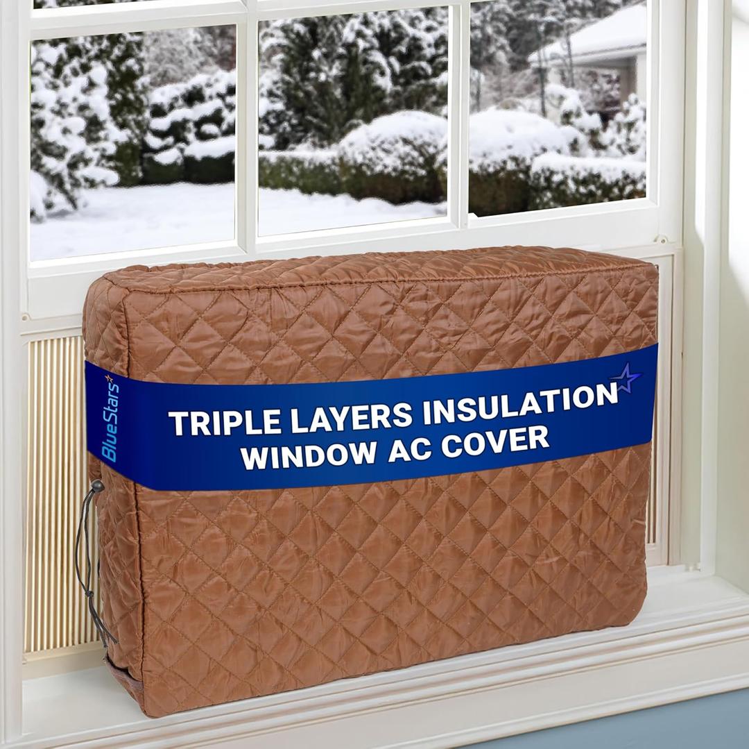 BlueStars Upgraded Window Air Conditioner Cover Indoor - New Version with Velcro Sides - Inside AC Cover for Winter - Polyester Fiber Fill Layers Insulation - 28" x 20" x 3.5" - Brown (14000 - 24000 BTU)