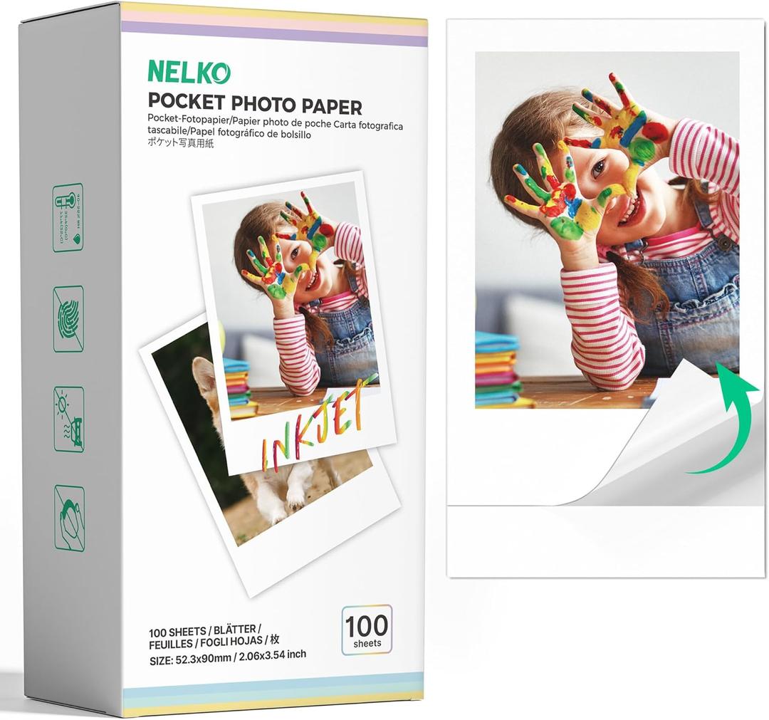 Nelko 52.3x90mm Premium Sticky Back Photo Paper, 100-Pack Genuine PP01 & PP03 Pocket Printer Paper, Water Resistant Photo Paper, Compatible with Nelko Photo Printer Series, Easy to Peel, White
