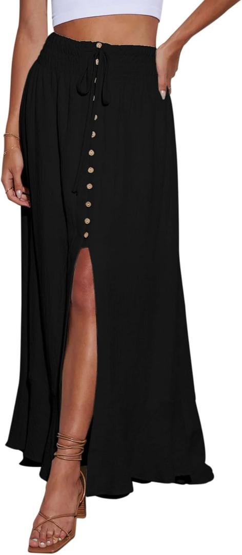 Minclouse Women's Elastic Tie Waist Button Down Maxi Skirts Casual Loose Flowy Swing Slit Front Dress (Large, Black)