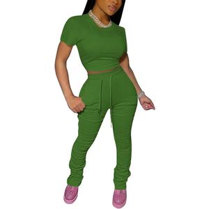 PINSV Women's 2 Piece Outfits Bodycon Lounge Wear Crop Top Stacked Pants Going Out Jogging Tracksuit Sets (Green, M)