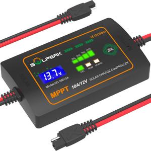 SOLPERK 10A 12V MPPT Solar Charge Controller with LCD Display, Intelligent Solar Panel Controller Portable Solar Panel Regulator for Gel AGM Lead-Acid Lithium LiFePO4 Battery