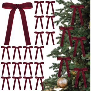 Burgundy 24 Pcs Velvet Bows Christmas Tree Ornaments Valentines Day Bows Decoration for Garland Home Coquette Wedding Decor (5 x 7 Inch,Width of 1")