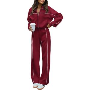 BTFBM Women's Two Piece Tracksuit Fall 2026 Long Sleeve Zip Up Sweatshirt Long Pants Outfits Jogger Sweatsuit Sets (Red, S)