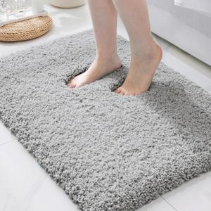 ILANGO Grey Bathroom Rugs 24"  17" Small Non Slip & Super Absorbent Extra Thick Soft, Washable Bath Mat for Floor, Microfiber Plush Shaggy Bath Rug with Rubber for Bathtub Shower Room Sink