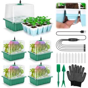 Seed Starter Tray with Grow Light, 60 Flexible Cells 5 PCS Seed Starter Kit, Reusable Seedling Starter Trays with Humidity Dome and High Lid, Germination Trays for Indoor Greenhouse Seed Starter
