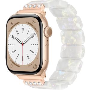 V.R.HOPE Stretchy Resin Apple Watch Band for Series Ultra/11/10/9/8/7/SE 46mm45mm44mm42mm49mm Fashion Cute, Lightweight & Flexible, Rectangle Design with iWatch Series 6/5/4/3/2/1(Fluorescent White-S)