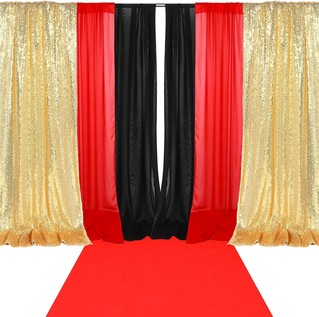 Tingjoo 7 Pcs Red Black Gold Movie Night Sequin Backdrop Curtains with Red Carpet 2ft x 8ft Photo Background Curtain Stage Door Entrance Runner Cover for VIP Movie Night Party Wedding Birthday Decor