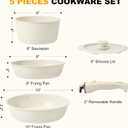 Pots and Pans Set Non Stick, Ceramic Cookware Set Nonstick Frying Pans 5 Pcs-Non Toxic PFAS/PFOA/PTFE Free, with Detachable Handle for RV Kitchen, Induction & Dishwasher Safe Cream White