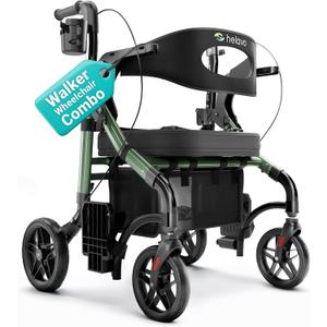 Helavo Wide 2 in 1 Walker Wheelchair Combo with 10" All Terrain Wheels, Lightweight Rollator Transport Chair Combo, 300 lbs Load Capacity with Adjustable Height