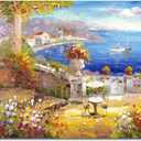 Mediterranean Canvas Wall Art - Italy Wall Art - Italian & Paris Cafe Artwork Oil Paintings Seaside Seascape Picture for Living Room Wall Decor 45"x30"