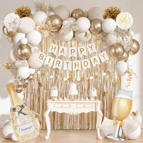 Ouddy Life White Gold Birthday Party Decorations Kit for Women Girls, Happy Birthday Banner, Sand White Metallic Gold Foil Confetti Balloons, Fringe Curtain, Cake Topper, Pompoms, Butterfly Supplies