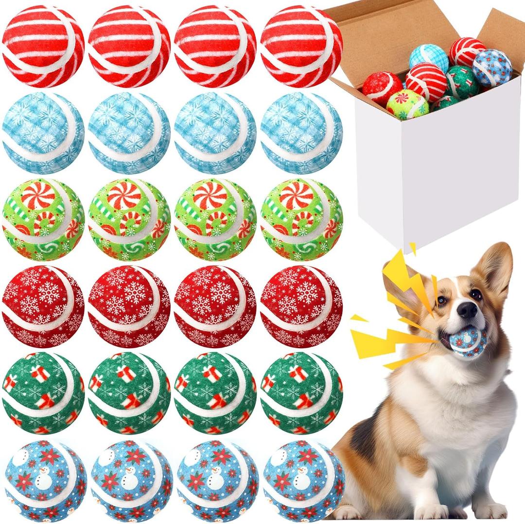Sosation 24 Pack Christmas Squeaky Tennis Balls for Dogs, Dog Balls 2.0" Interactive Fetch Toy Durable Outdoor Small Puppy Chew Toys for Teething Training Exercise Playing Throwing