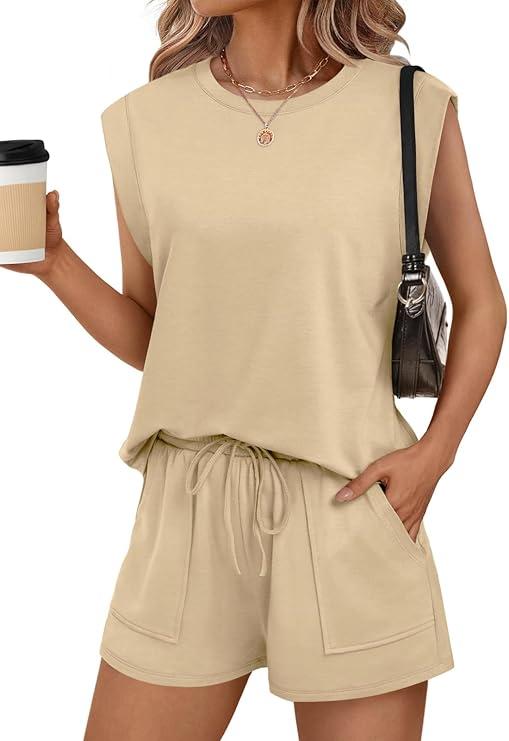 RUBZOOF Two Piece Sets for Women Summer Cap Sleeve Lounge Short Sets Crewneck Outfits with Pocket (X-Large, Khaki)