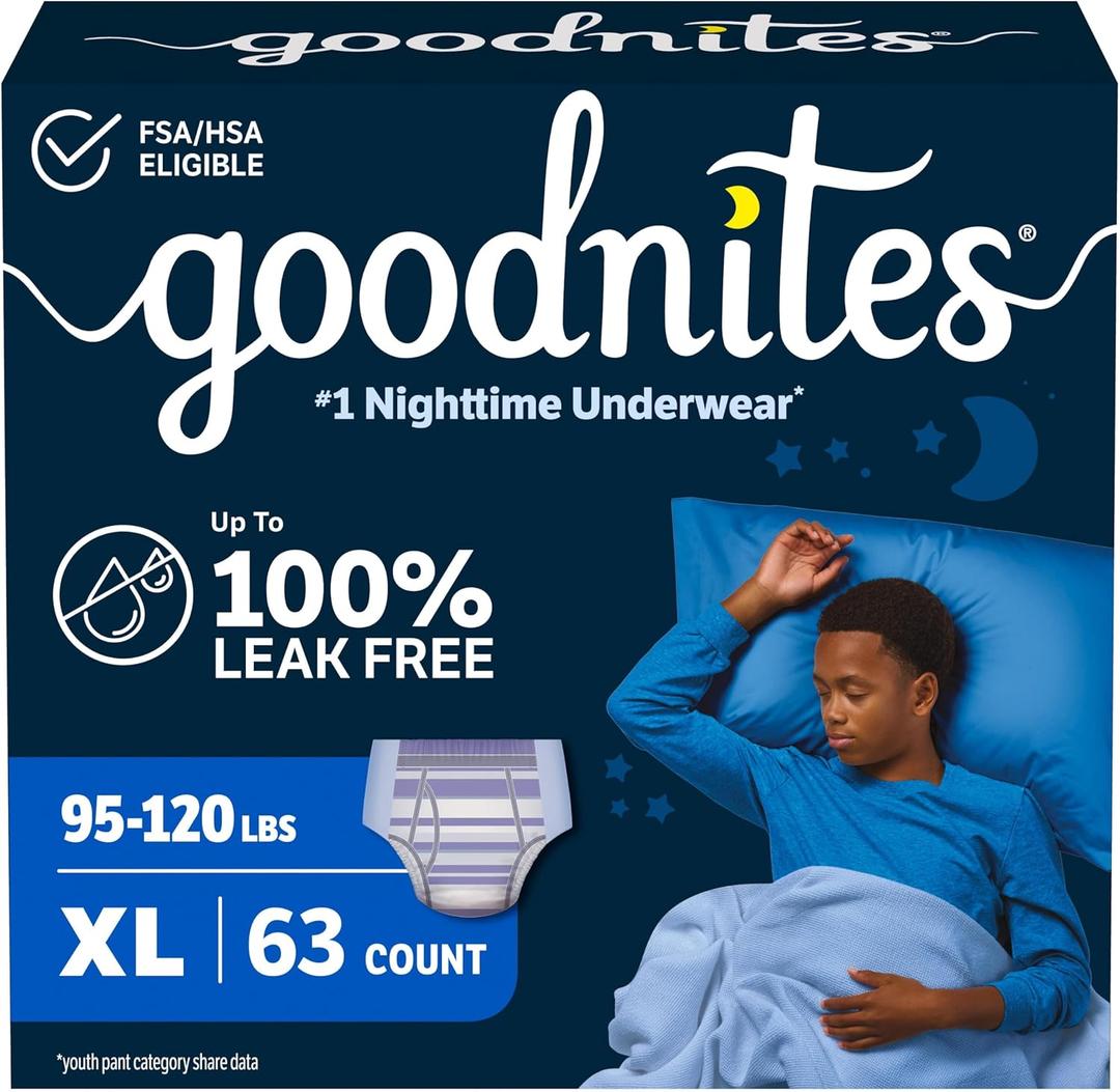 Goodnites Boys' Nighttime Bedwetting Underwear, Size Extra Large (95-120 lbs), 63 Ct (3 Packs of 21)