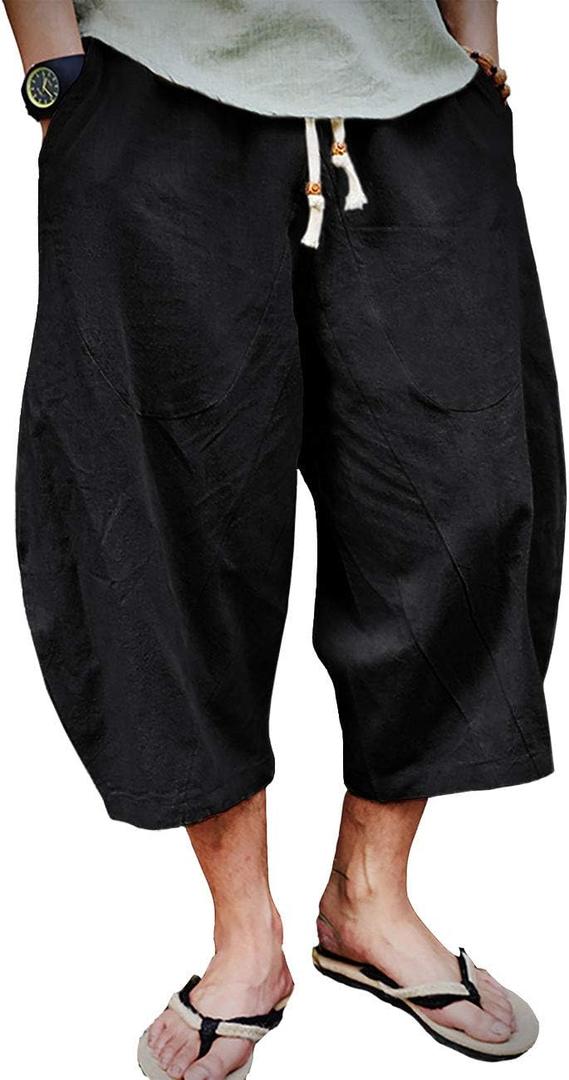EKLENTSON Mens Cotton Linen Capri Pants Light Loose 3/4 Long Shorts Elastic Waist Drawstring Harem Casual Beach Yoga Trousers (Black, 38)