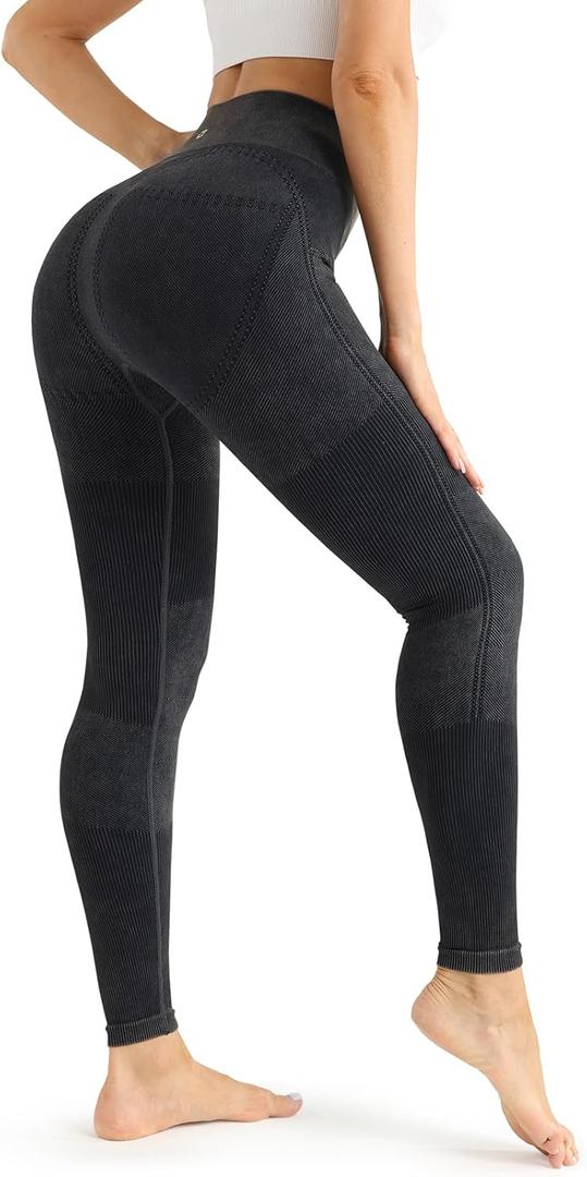 Fisoew Womens Ribbed Seamless Leggings High Waisted Tummy Control Workout Full Length Yoga Pants (X-Large, Dark Grey)