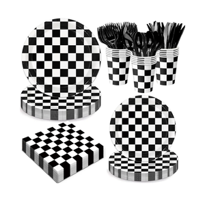 100 Pcs Racing Checkered Party Supplies Set, Serves 25 – Disposable Black and White Checkerboard Paper Plates, Napkins, and Forks, Race Car Themed Tableware for Birthday, and Racing Table Decorations