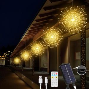 Solar Christmas Firework Lights Outdoor, 5 Pack 1000LED Solar Starburst Lights with Remote, 8 Modes Dimmable Waterproof Hanging Fairy Lights for Garden, Patio, Holiday Christmas Decor (Warm White)