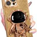 Buleens for iPhone 13 Pro Max Case for Women, Astronaut Bling Cases for iPhone 13 Pro Max with Glitter Paper & Spaceman Stand, Girls Cute Electroplated Sparkly Space Phone Cover for 13 ProMax Golden