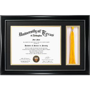 GraduationMall 11x17 Black Diploma Frame with Tassel Holder for 8.5x11 Certificate Document,Real Glass, Black over Gold Mat