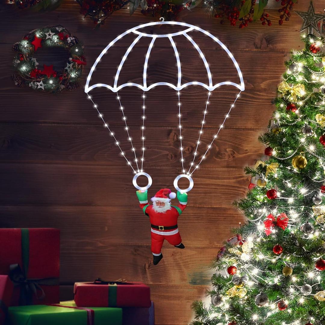 Toodour Christmas Decorations Lights Outdoor, 2.8FT Christmas Parachute Lights with Santa Claus, Waterproof 8 Modes Hanging White Xmas Light - Holiday Decorative Light for Indoor Eave Roof