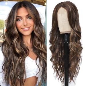 Colorful Queen Brown Highlight Wigs for Women 26 Inch Long Wavy Brown Wig Glueless Brown Mix Blonde Middle Part Curly Synthetic Lace Wig for Cosplay Daily Use