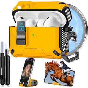 for AirPods Pro 3 Case 2025, Safety Lock & Hidden Phone Stand Design for Apple AirPods Pro 3rd Generation Case Cover with Cleaner Keychain for Men Women, Compatible with MagSafe, Yellow