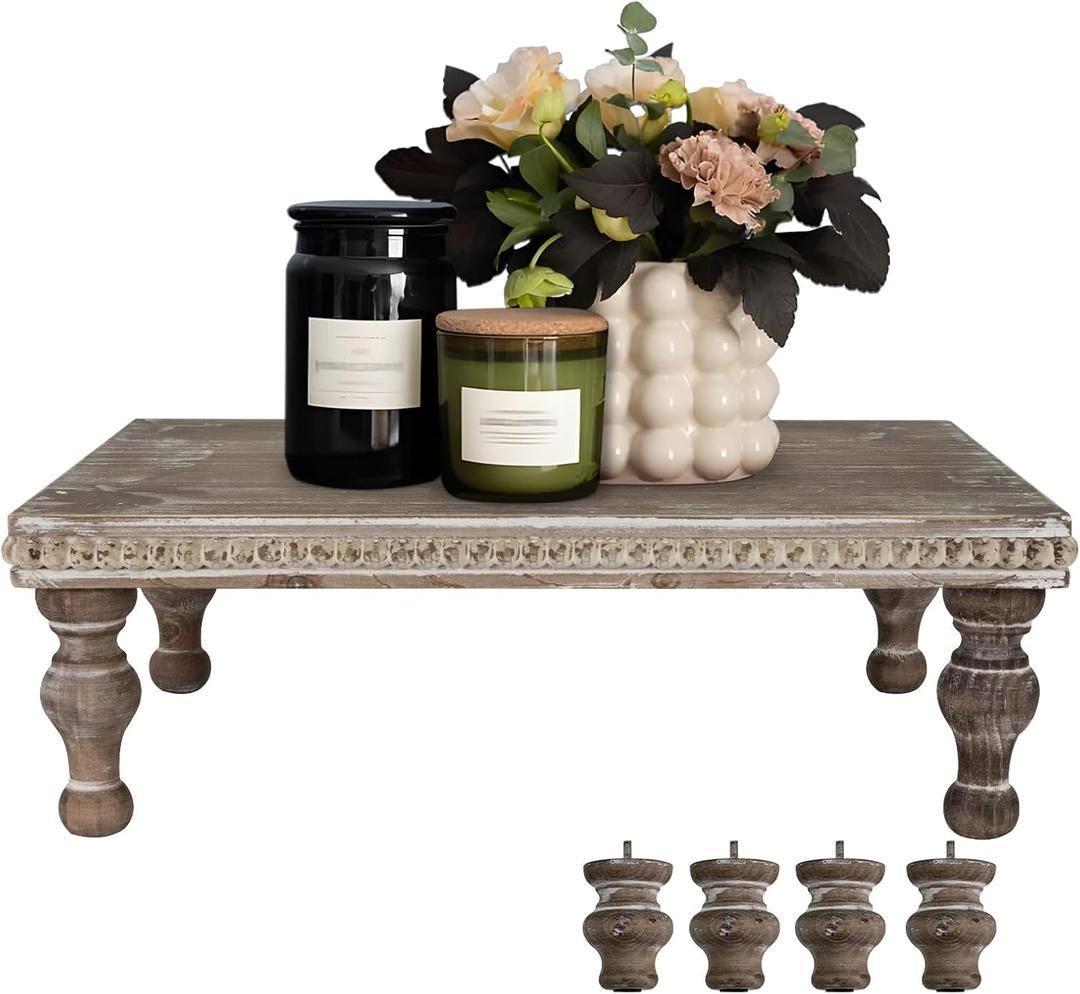 MAONAME Wood Display Risers Decorative Tray, Farmhouse Pedestal Stand for Display Home Decor, Vintage Brown Beaded Wooden Tray for Kitchen Counter, Short and Tall Footed