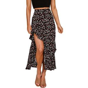 BTFBM Women 2025 Summer Fall Boho Long Skirts Dress Floral Print Elastic Waist Split Ruffle High Low Beach Maxi Skirt (Z-black, XL)