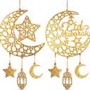 2 Pieces Eid Mubarak Door Sign Wooden Hanging Signs, Ramadan Kareem Hollow Ornament Decorations Moon and Stars, Moon Shape Ramadan Mubarak Party Wood Wall Hanger for Islamic Muslim Home Decor (Large)