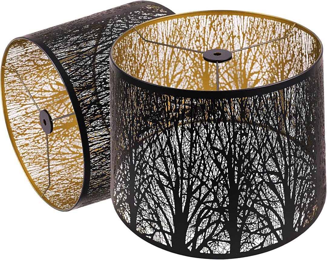 Lampshade Drum Lamp Shade Set of 2, 12" Top x 14" Bottom x 10" High (Spider Fitter) Metal Black Gold Lamp Shades for Bedside Light, Table&Floor Lamps, Art Etched Lampshades Replacement, Easy Assembly