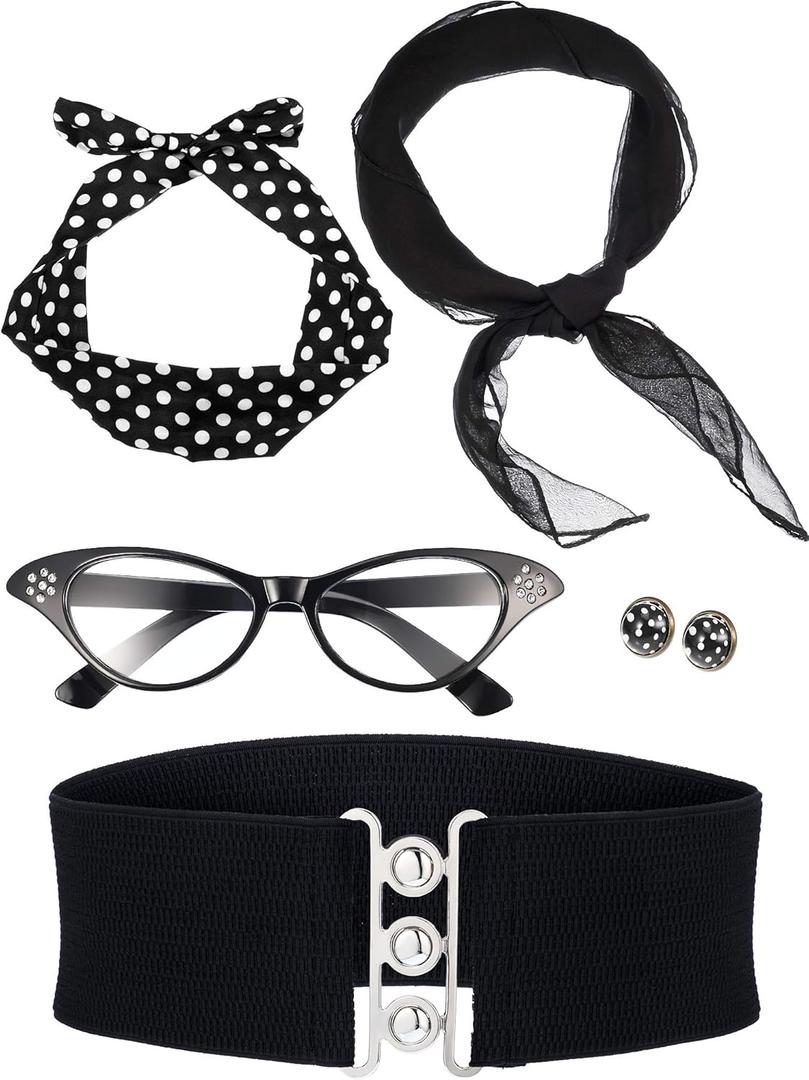 Zhanmai 1950's Costume Accessories for Women 50s Scarf Polka Dot Headband Earring Cat Eye Glasses Waistband (Black)