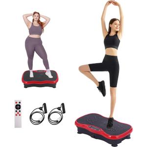 Vibration Plate Exercise Machine – Power Vibrating Plate for Lymphatic Drainage Weight Loss, Shake Plate Exercise Platform with Touch Screen & Resistance Bands, Equipment for Women Men(MN-0078-RED)