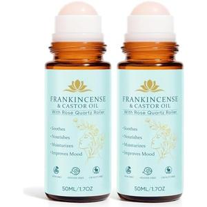 Frankincense and Castor Oil Rose Quartz Roller – Organic Cold-Pressed Castor Oil Frankincense Roller Ball with Rose Quartz for Face & Neck, Firms Skin Feel Soft Smooth & Brightens Eyes, 1.7 fl oz, 2PC