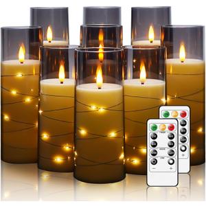 Flickering Flameless LED Candles, 9 Pcs with Embedded Star String, Acrylic LED Pillar Candles with Remote, Suitable for Home Decoration (Grey) (Gray)