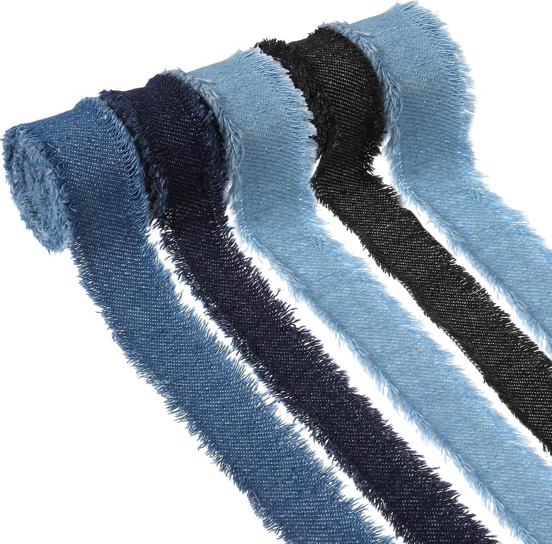 5 Rolls 10 Yard Denim Frayed Edge Fabric Ribbon, 4 Assorted Colors Denim Ribbon, Rustic Cotton Jean Ribbons for Gift Wrapping, Wedding Decor, Hair Accessories, DIY Craft & Sewing Project(1 Inch Width)